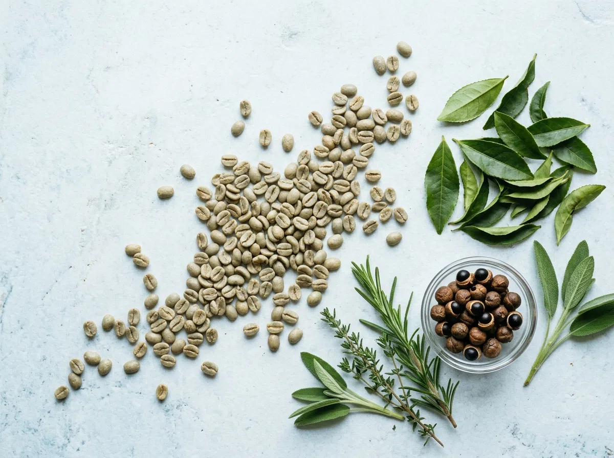 Green coffee beans, green tea leaves and guarana seeds flat lay - botanical metabolism support supplement ingredients
