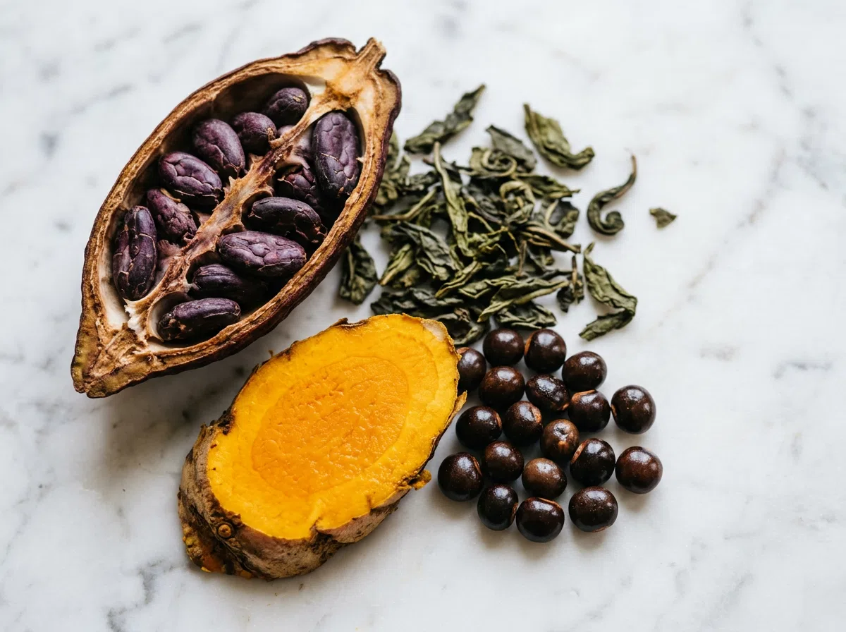 Macro photograph of botanical ingredients: cacao, green tea, turmeric, guarana seeds on marble surface