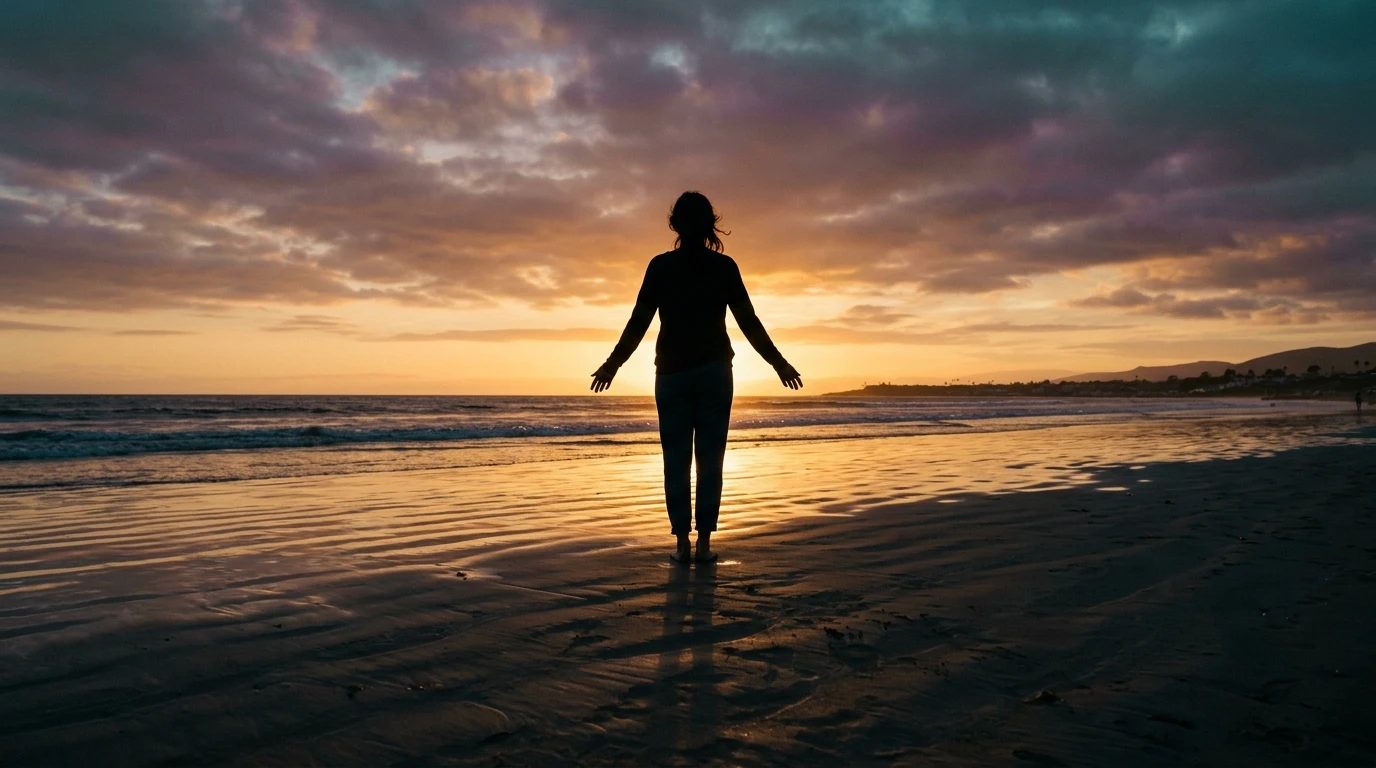 Anonymous person at golden sunset beach, calm active lifestyle outdoors