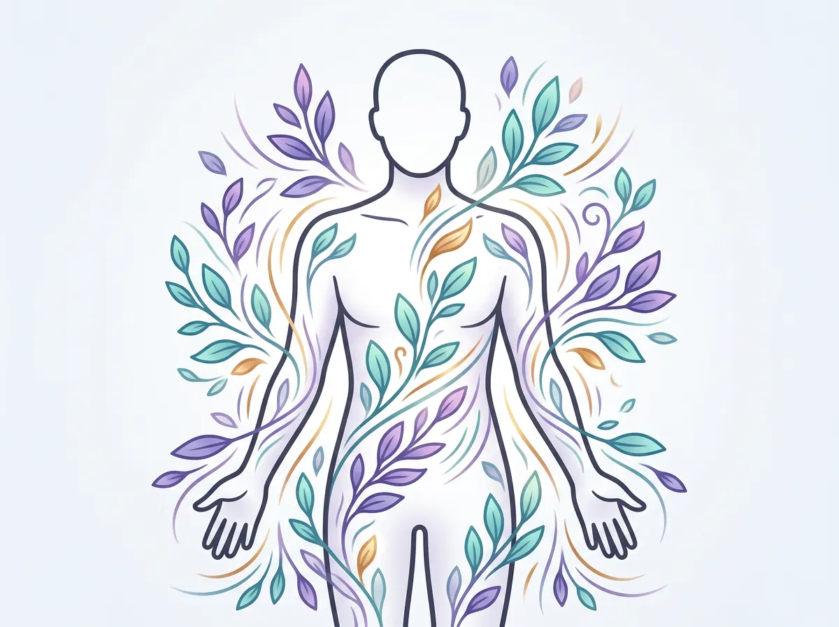 Abstract botanical energy circulation illustration - gentle teal and violet leaf motifs around neutral silhouette