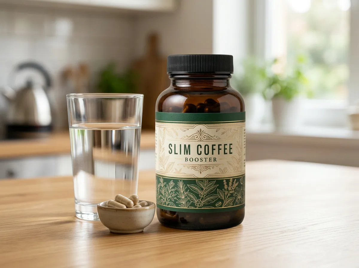 Slim Coffee Booster box beside a steaming mug and fresh herbs - morning routine product lifestyle